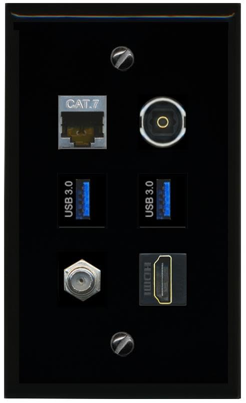 RiteAV CAT7 Coax HDMI TOSLINK 2 USB 3 Flat/Solid Wall Plate [Black]