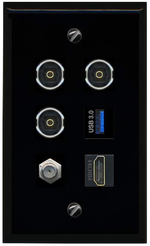 RiteAV Coax HDMI 3 TOSLINK USB 3 Flat/Solid Wall Plate [Black]