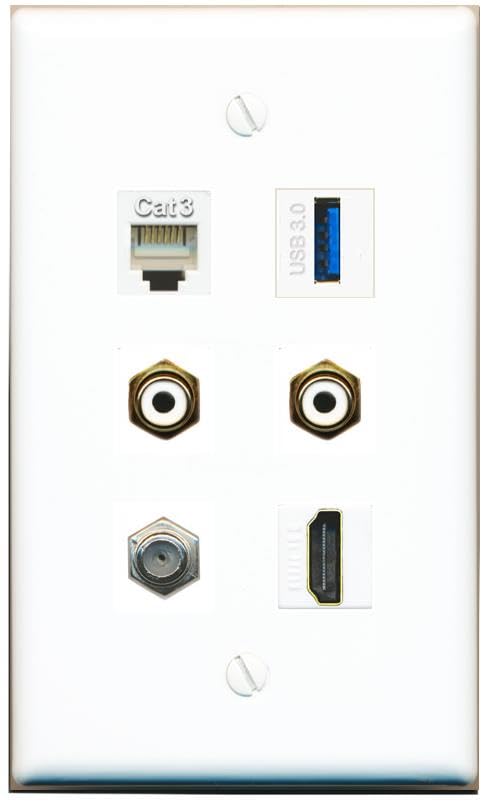 RiteAV Coax HDMI Phone 2 RCA-White USB-3 Flat/Solid Wall Plate [White]