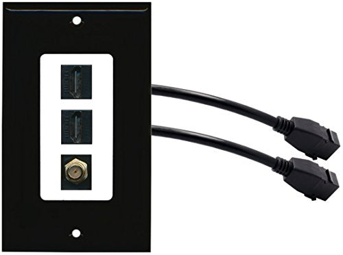 RiteAV (1 Gang Decorative 2 HDMI Black Coax Wall Plate w/Pigtail Extension Cable Black on White