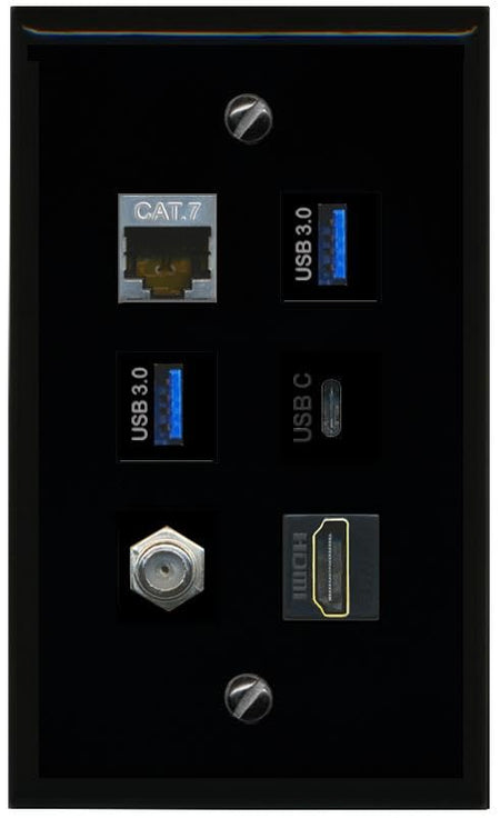 RiteAV CAT7 Coax HDMI 2 USB 3 USBC Flat/Solid Wall Plate [Black]