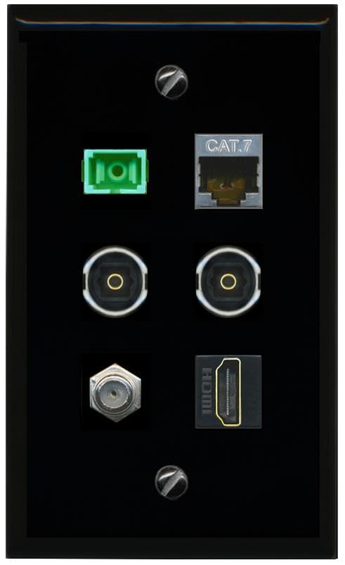 RiteAV CAT7 COAX HDMI SC APC Simplex Fiber 2 TOSLINK Flat/Solid Wall Plate [Black]