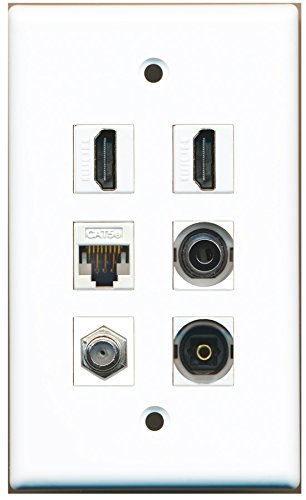 RiteAV - 2 HDMI 1 Port Coax Cable TV- F-Type 1 Port Toslink 1 Port 3.5mm 1 Port Cat5e Ethernet White Wall Plate