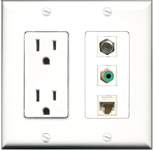 RiteAV - 15 Amp Power Outlet 1 Port RCA Green 1 Port Coax 1 Port Cat6 Ethernet Ethernet White Decorative Wall Plate