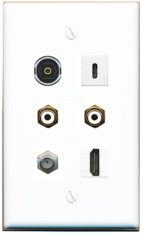 RiteAV Coax HDMI 2 RCA-White TOSLINK USBC Flat/Solid Wall Plate [White]