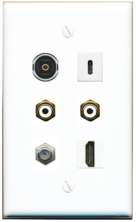 RiteAV Coax HDMI 2 RCA-White TOSLINK USBC Flat/Solid Wall Plate [White]