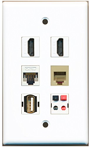 RiteAV - 2 HDMI 1 Port USB A-A 1 Port Phone RJ11 RJ12 Beige 1 Port Cat5e Ethernet White 1 Port Speaker Wall Plate