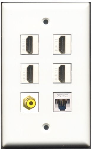 RiteAV - 4 Port HDMI 1 RCA Yellow 1 Cat5e Ethernet White Wall Plate