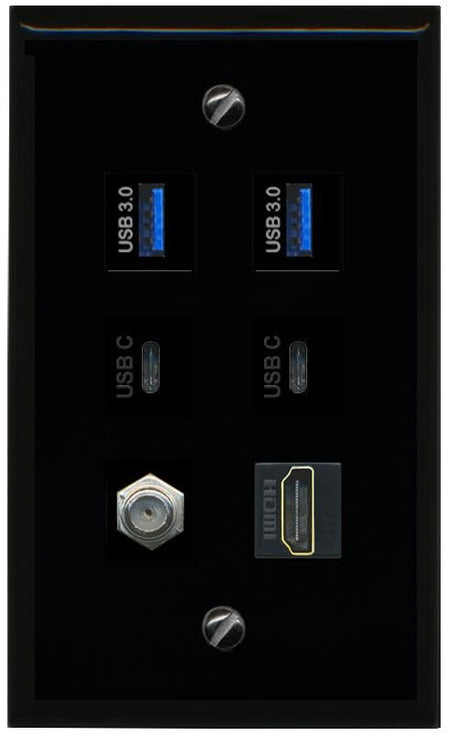 RiteAV Coax HDMI 2 USB 3 2 USBC Flat/Solid Wall Plate [Black]