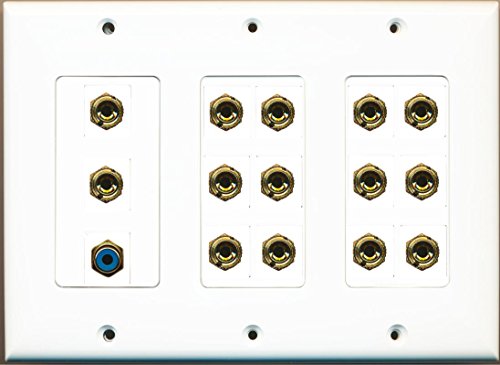 RiteAV 14 Banana for 7 Speakers and RCA Blue Subwoofer Port Wall Plate OVERSIZED White
