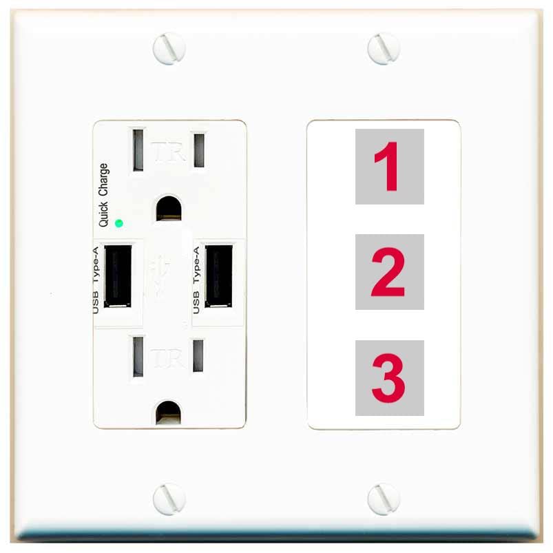 RiteAV Custom Wall Plate 3 Port - USB Charger [White/White]