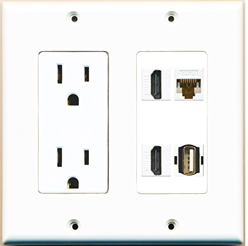 RiteAV (2 Gang Decorative 15A Power Outlet 2 HDMI Cat6 White USB Wall Plate