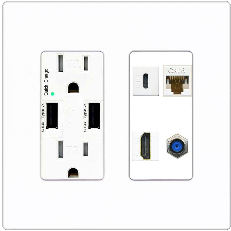 RiteAV USBC HDMI Cat6 Coax F81 Wall Plate - USB Charger [Screwless White]