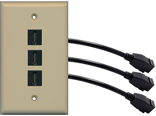 RiteAV (1 Gang Flat 3 HDMI Black Wall Plate w/Pigtail Extension Cable Ivory