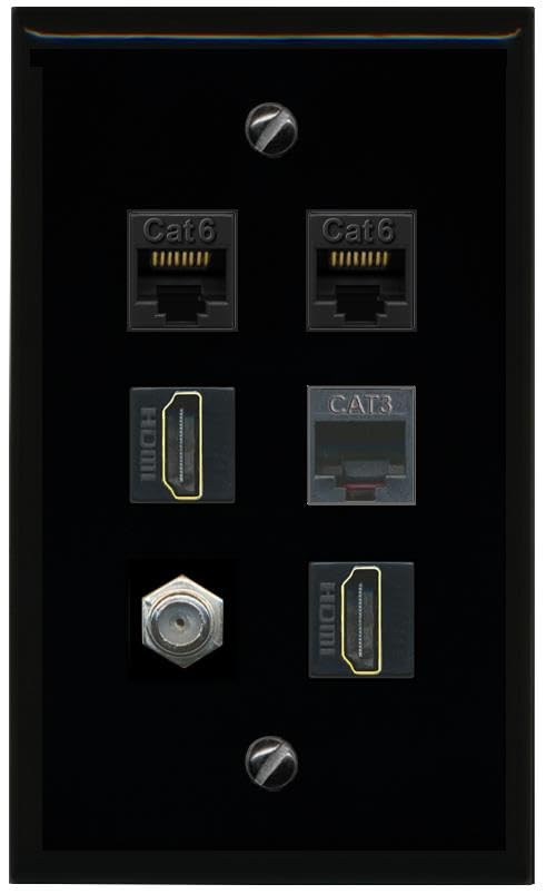 RiteAV 2 CAT6 Coax 2 HDMI Phone Flat/Solid Wall Plate [Black]