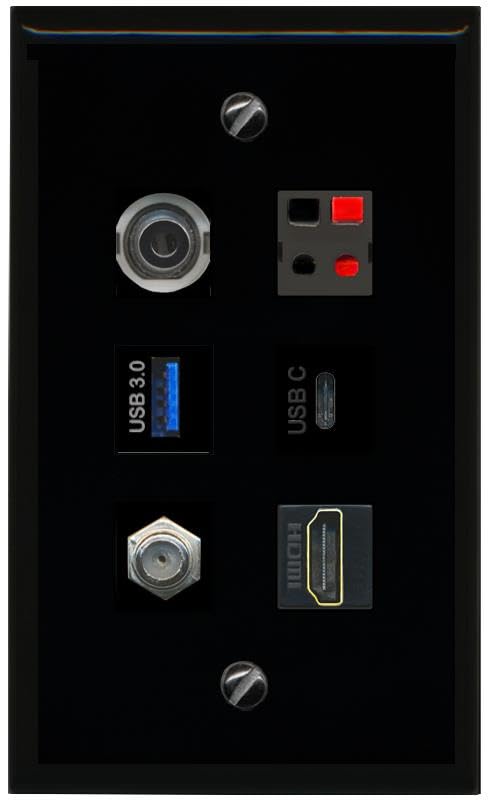 RiteAV 3.5mm COAX HDMI SPEAKER USB 3 USBC Flat/Solid Wall Plate [Black]
