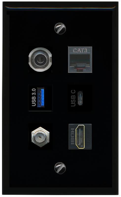 RiteAV 3.5mm Coax HDMI Phone USB 3 USBC Flat/Solid Wall Plate [Black]