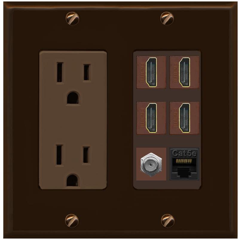 RiteAV 4 Port HDMI 1 Coax Cable TV- F-Type 1 Cat5E Ethernet Wall Plate - Outlet [Brown/Brown]