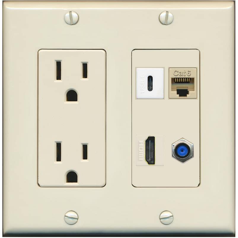 RiteAV USBC HDMI Cat6 Coax F81 Wall Plate - Outlet [Light-Almond]