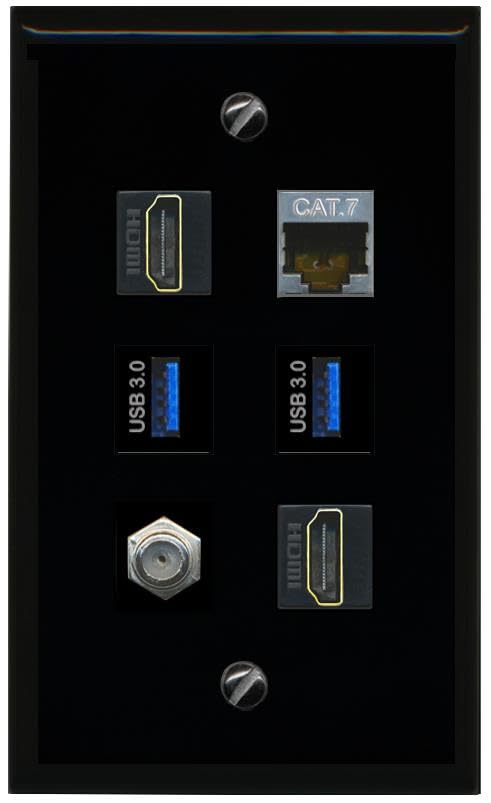 RiteAV CAT7 Coax 2 HDMI 2 USB 3 Flat/Solid Wall Plate [Black]