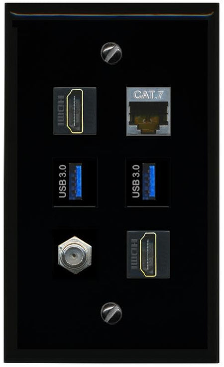 RiteAV CAT7 Coax 2 HDMI 2 USB 3 Flat/Solid Wall Plate [Black]