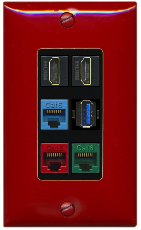 RiteAV 2 HDMI 3 Cat6 Ethernet USB3 Mixed Color Wall Plate - 1 Gang [Red/Black]
