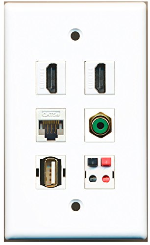 RiteAV - 2 HDMI 1 Port RCA Green 1 Port USB A-A 1 Port Cat5e Ethernet White 1 Port Speaker Wall Plate