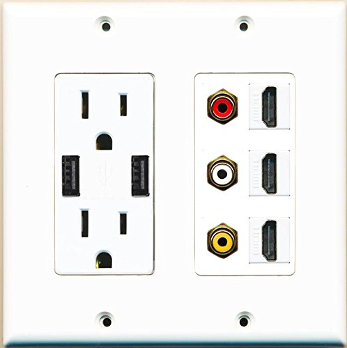 RiteAV 15 Amp 125V Power Outlet (2 Powered USB Charger Receptacle) 3 Hdmi 3 RCA Composite Wall Plate White