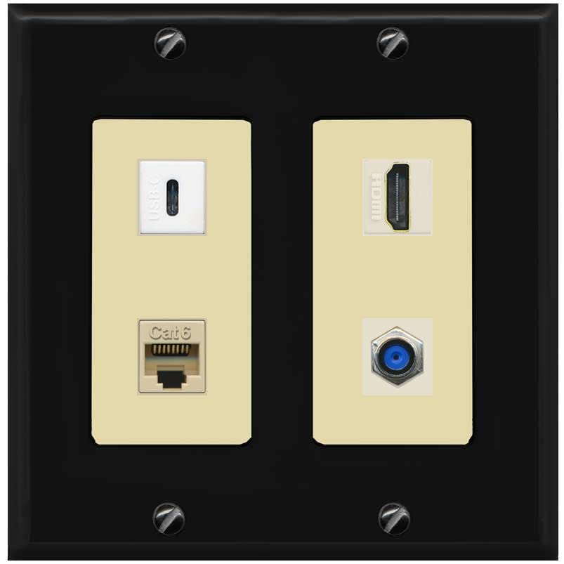 RiteAV USBC HDMI Cat6 Coax F81 Wall Plate - 2 Gang [Black/Ivory]