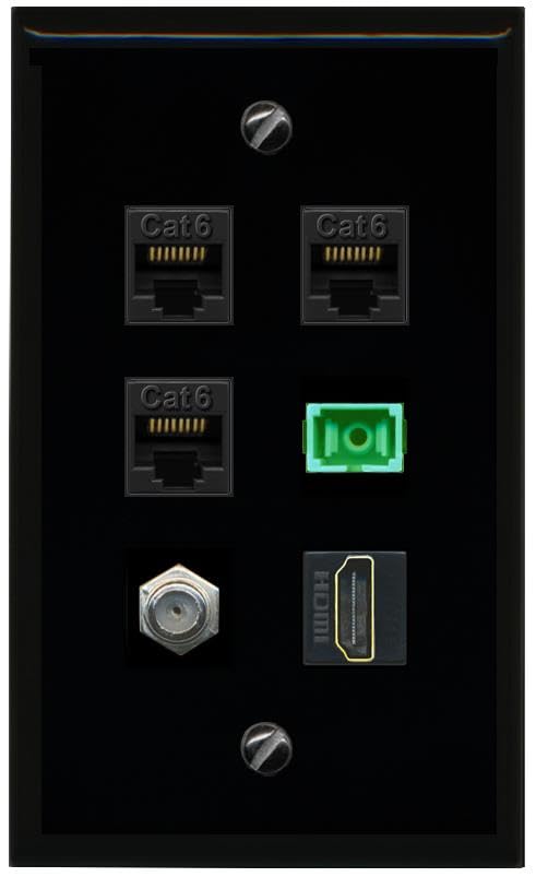 RiteAV 3 CAT6 COAX HDMI SC APC Simplex Fiber Flat/Solid Wall Plate [Black]