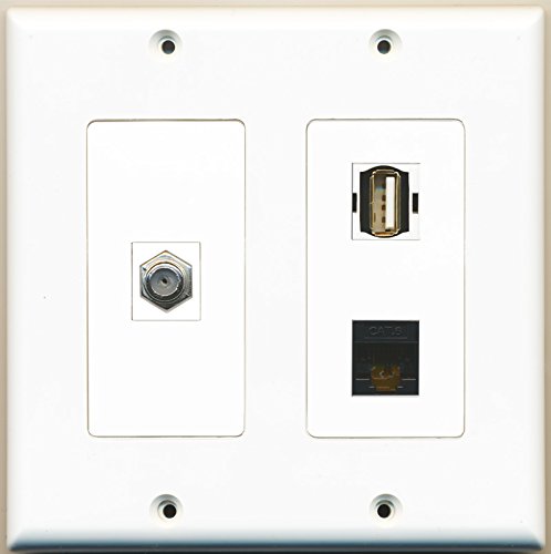 RiteAV - 1 Port Coax Cable TV- F-Type 1 Port USB A-A 1 Port Cat6 Ethernet Black - 2 Gang Wall Plate