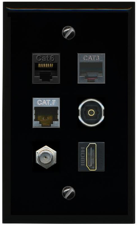 RiteAV CAT6 CAT7 Coax HDMI Phone TOSLINK Flat/Solid Wall Plate [Black]