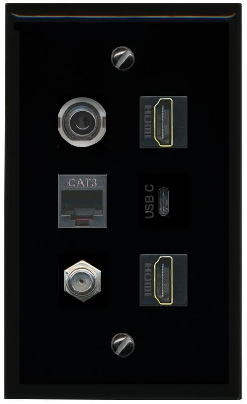 RiteAV 3.5mm Coax 2 HDMI Phone USBC Flat/Solid Wall Plate [Black]
