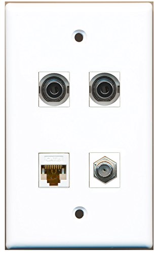 RiteAV - 1 Port Coax Cable TV- F-Type 2 Port 3.5mm 1 Port Cat6 Ethernet White Wall Plate