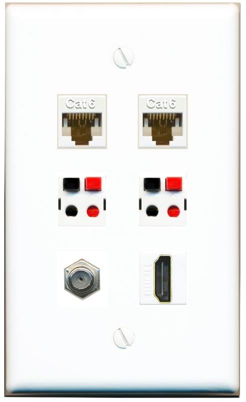 RiteAV 2 CAT6 COAX HDMI 2 SPEAKER Flat/Solid Wall Plate [White]