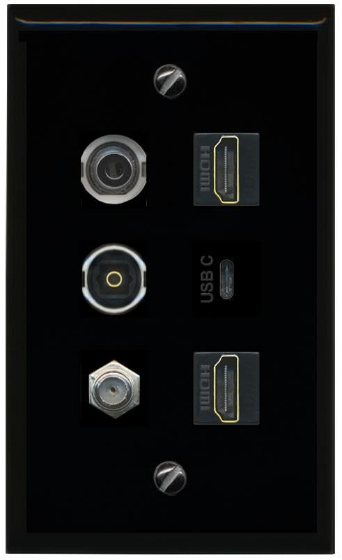 RiteAV 3.5mm Coax 2 HDMI TOSLINK USBC Flat/Solid Wall Plate [Black]