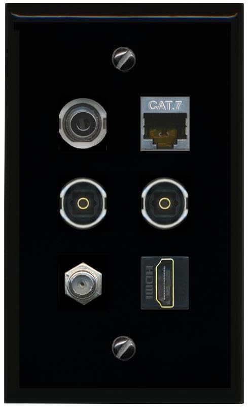 RiteAV 3.5mm CAT7 Coax HDMI 2 TOSLINK Flat/Solid Wall Plate [Black]