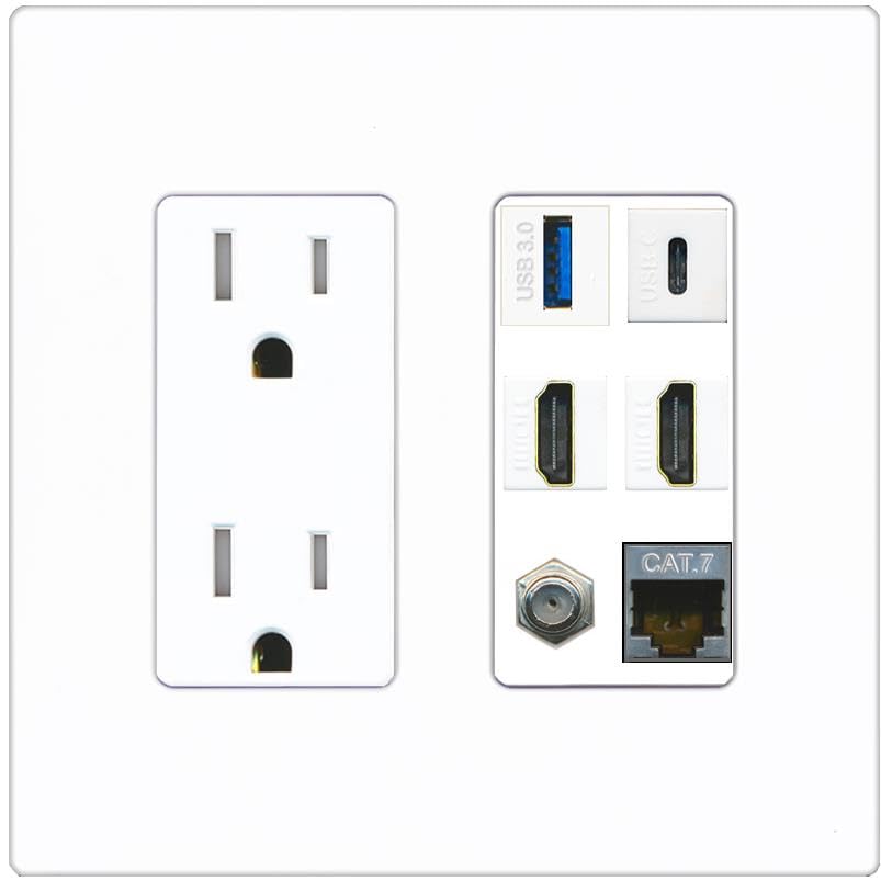 RiteAV USB 3 USB C 2 HDMI Coax Cat7 Wall Plate - Tamper-Resistant [Screwless White]