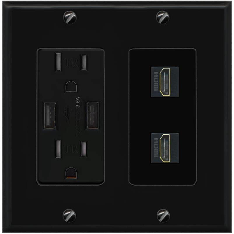 RiteAV HDMI Wall Plate 2 Port - USB Charger [Black/Black]