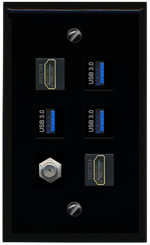 RiteAV Coax 2 HDMI 3 USB 3 Flat/Solid Wall Plate [Black]