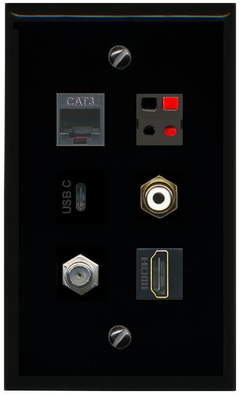 RiteAV COAX HDMI PHONE RCA WHITE SPEAKER USBC Flat/Solid Wall Plate [Black]
