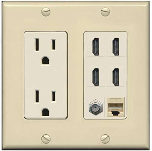 RiteAV 4 Port HDMI 1 Coax Cable TV- F-Type 1 Cat5E Ethernet Wall Plate - Outlet [Ivory/Light-Almond]