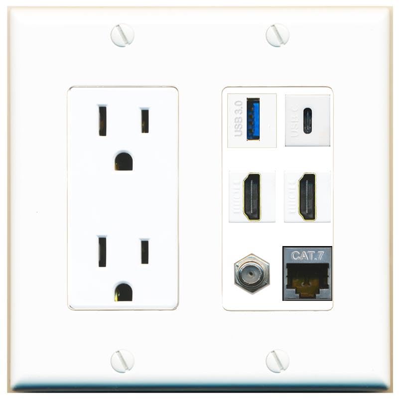 RiteAV USB 3 USB C 2 HDMI Coax Cat7 Wall Plate - Outlet [White/White]