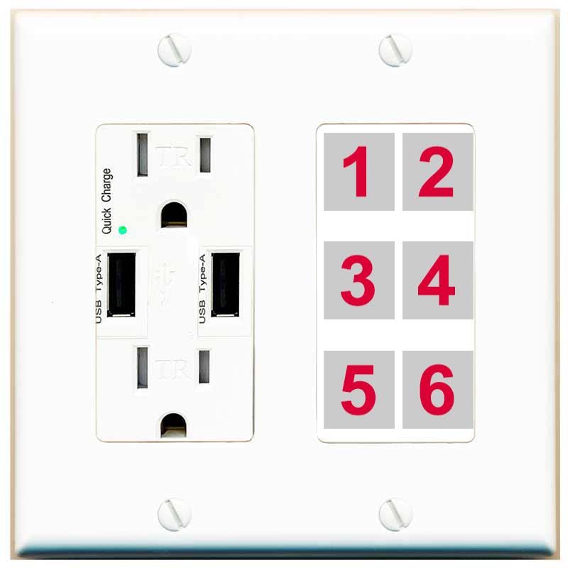 RiteAV 6 Port Custom Wall Plate - USB Charger [White/White]