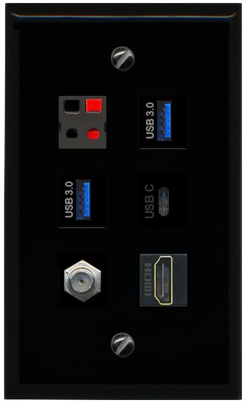 RiteAV Coax HDMI Speaker 2 USB 3 USBC Flat/Solid Wall Plate [Black]