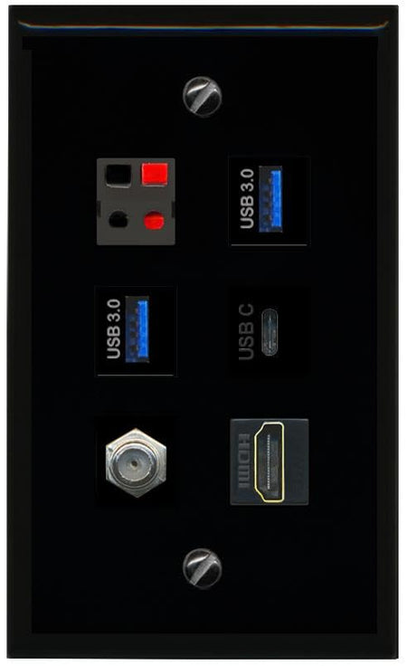 RiteAV Coax HDMI Speaker 2 USB 3 USBC Flat/Solid Wall Plate [Black]