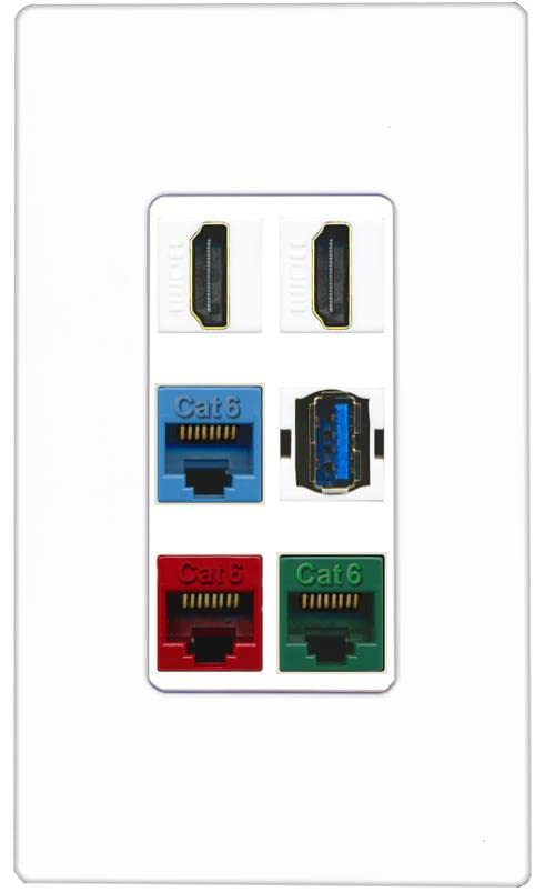 RiteAV 2 HDMI 3 Cat6 Ethernet USB3 Mixed Color Wall Plate - 1 Gang [Screwless White]