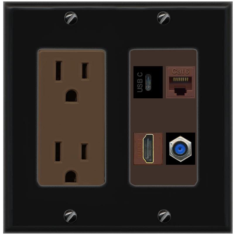 RiteAV USBC HDMI Cat6 Coax F81 Wall Plate - Outlet [Black/Brown]