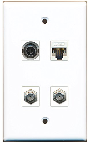 RiteAV - 2 Port Coax Cable TV- F-Type 1 Port 3.5mm 1 Port Cat5e Ethernet White Wall Plate