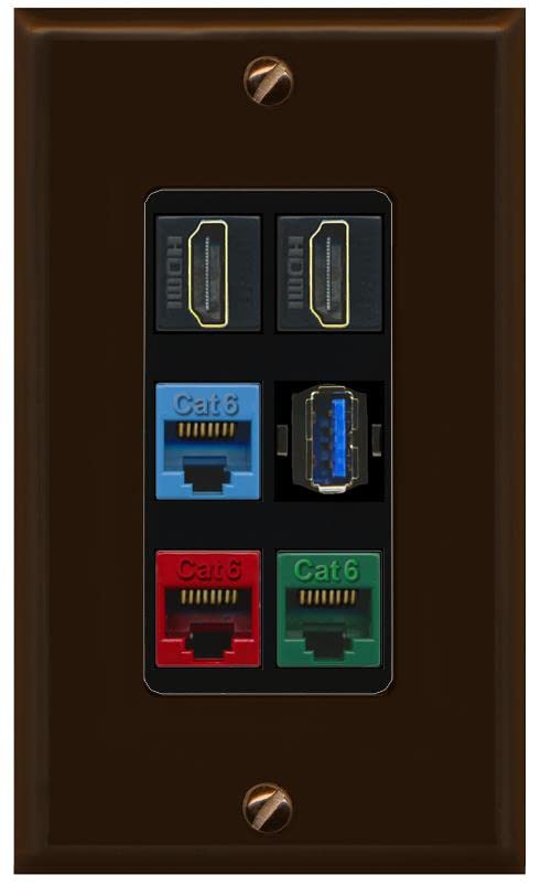 RiteAV 2 HDMI 3 Cat6 Ethernet USB3 Mixed Color Wall Plate - 1 Gang [Brown/Black]